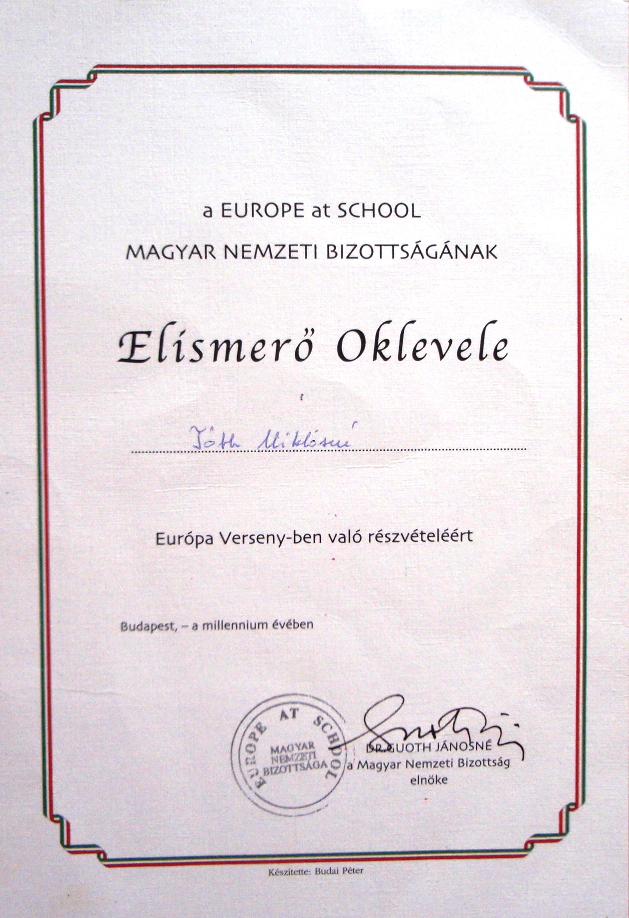 08. Europe At School- Elismerő Oklevél
