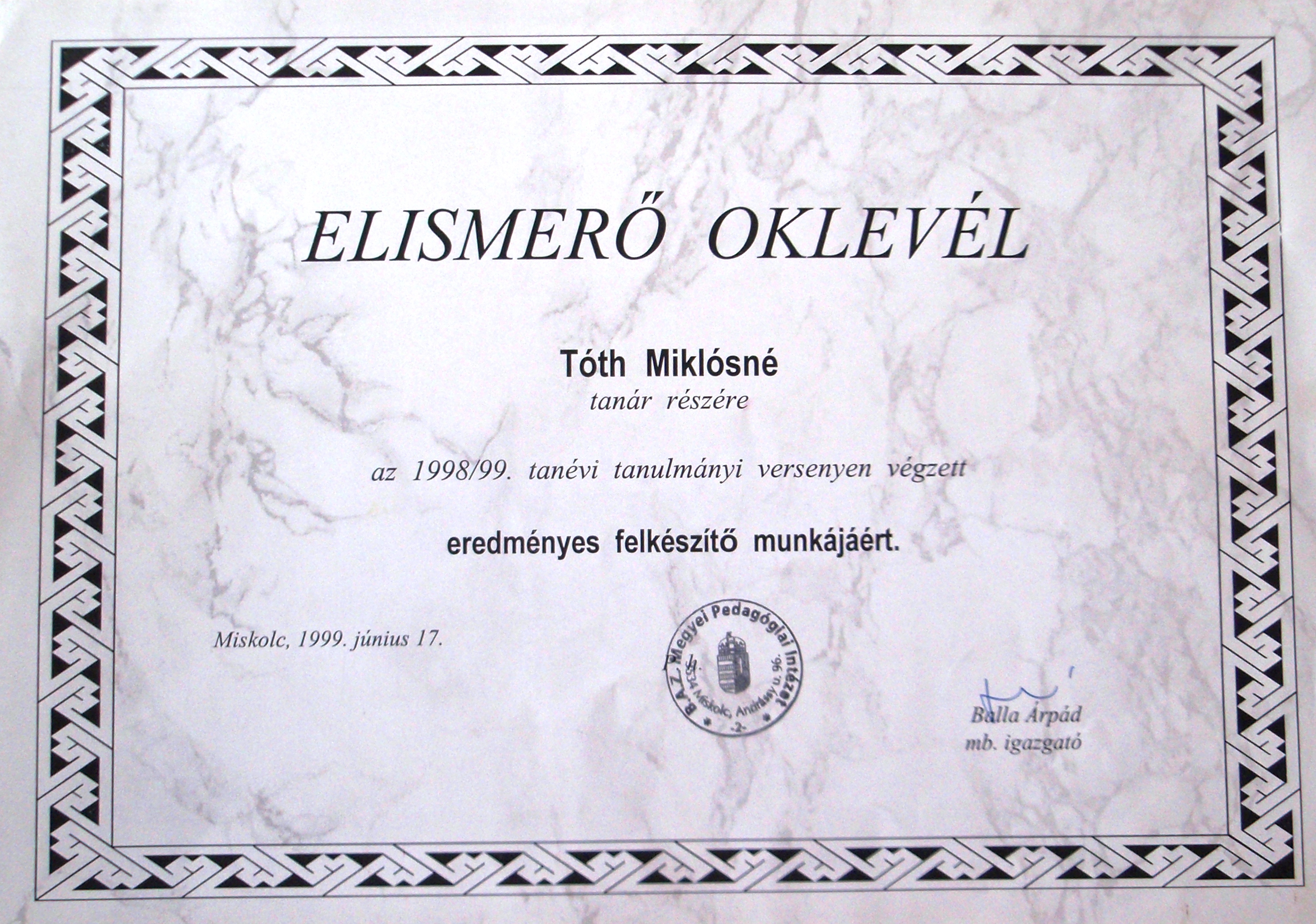 15. Elismerő oklevél